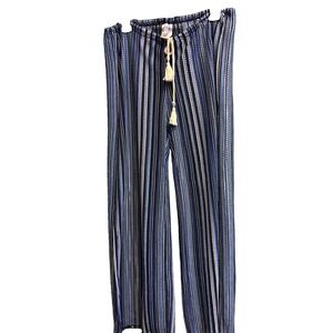 BECCA Rebecca Virtue Seaside Crochet Cover Up Pants Blue Stripe Side Slit L